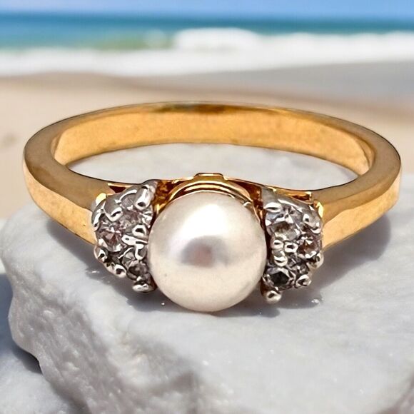 Vintage Ring Size 8 Simulated Pearl CZ Accent 14K Gold Plate Mid-Century MCM 3D - Picture 4 of 16